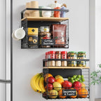 [WIDER SHELF] 2 SET Strong Magnetic Shelf Basket for Fridge with Tag & Bamboo Top, XXL Large Magnetic Spice Rack Shelves for Side of Refrigerator, Kitchen Pantry Storage Organizer for Food Fruit Veg by Unknown