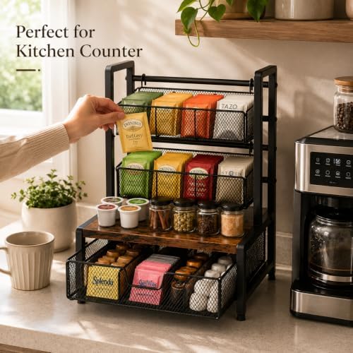Tea Bag Organizer Countertop Storage 3 Tier Wire Basket Drawer - Brown - Image 2