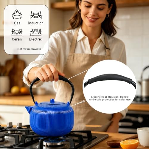 Cast Iron Teapot Set with 2 Cups, 34 oz (1000 ml) Japanese Tea Pot with Infuser for Loose Leaf Tea, Enamel Interior, Stovetop Compatible, Complete Tea Gift Set for Tea Lovers, Blue - Image 3