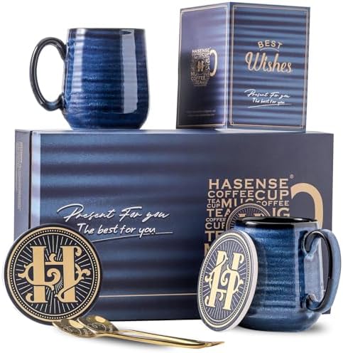 HASENSE Ceramic Coffee Mugs Gift Set for Men, Women, Blue Reactive Glazes by Hasense
