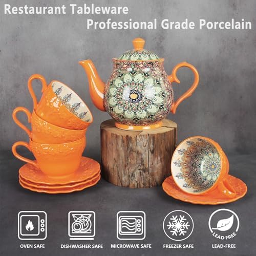 Porcelain Tea Set 5-Piece Tea Set,Teapot and Cup Set（34.2OZ、8.5OZ) Bohemian style suitable for tea, milk, coffee - Image 3