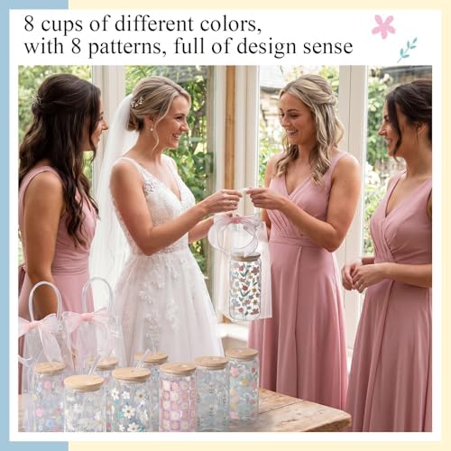 Mumufy 8 Sets Daisy Flower Glass Cups with Lids Straws Bulk, 16 Oz - Image 6