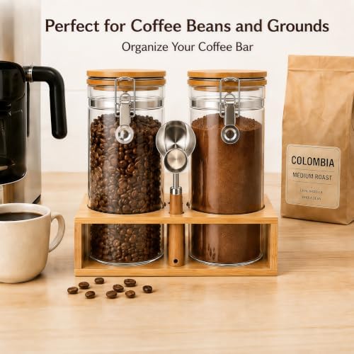 2 x 45 oz Coffee Canister Set, Airtight Glass Containers with Wooden Shelf - Image 6