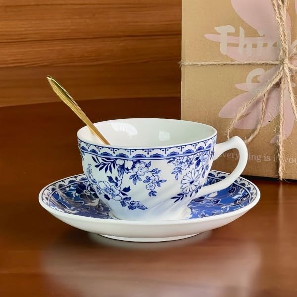 Blue and White Porcelain Coffee Cup and Saucer Set - Image 2