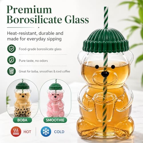 Cute Bear Glass Tumbler with Lid and Straw, 20 oz, Pink - Image 5