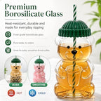Cute Bear Glass Tumbler with Lid and Straw, 20 oz, Pink - Image 5
