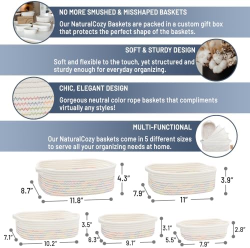 NaturalCozy 5-Piece Rectangle Storage Basket Set- Natural Cotton Rope Woven Baskets for Organizing! Small Basket for Montessori, Baby Nursery, Dog Toy Baskets, Cat Toy Box, Bathroom Organization Bin - Image 2