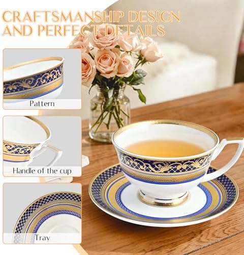 Luxury White & Gold Embossed Tea Cups and Saucers with Teapot, Sugar Bowl, & &Creamer, Vintage European Porcelain Coffee Set for Tea Party, Wedding, Gift (Gold&Navy Blue, 4pcs/set) - Image 4