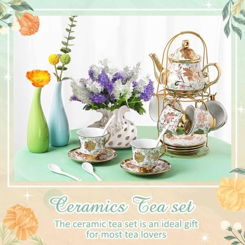 Zhehao 20 Pcs Porcelain Tea Set for Adult, with Metal Holder, Elegant - Image 6