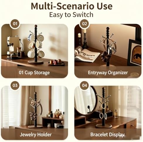 Wooden Mug Tree Holder, Countertop Coffee Cup Stand with Solid Wood Base for Mugs, Jewelry & Kitchen Organizer - Image 5