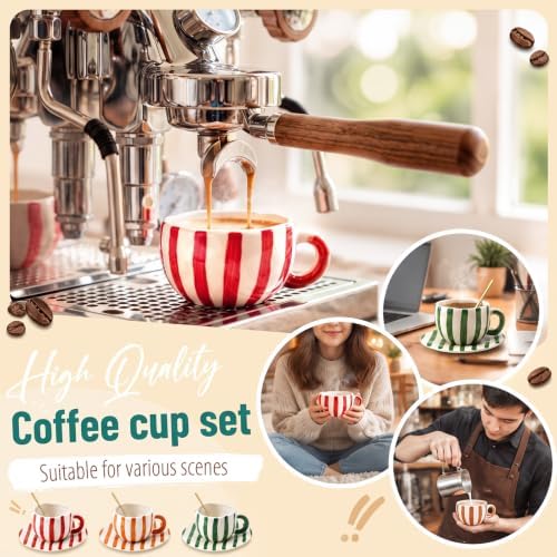 3 Pack Striped Ceramic Coffee Mug and Saucer Set, 12 oz - Image 3