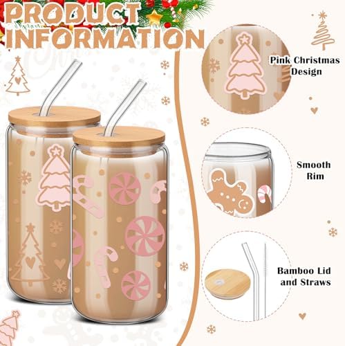 SiliFine 4 Pcs Pink Christmas Glass Cups with Lids and Straws, 16 oz - Image 4
