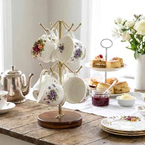 MyGift 2-Tier Brass-Tone Metal Wire Tabletop Mug Holder with Premium Acacia Wood Base, Coffee Cup Organizer Stand for Kitchen Countertops - Image 4