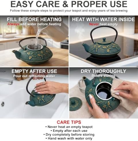 Green Butterfly Cast Iron Tea Set, 2 Cups, 2 Saucers, Infuser & Trivet - Image 7