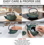 Green Butterfly Cast Iron Tea Set, 2 Cups, 2 Saucers, Infuser & Trivet - Image 7