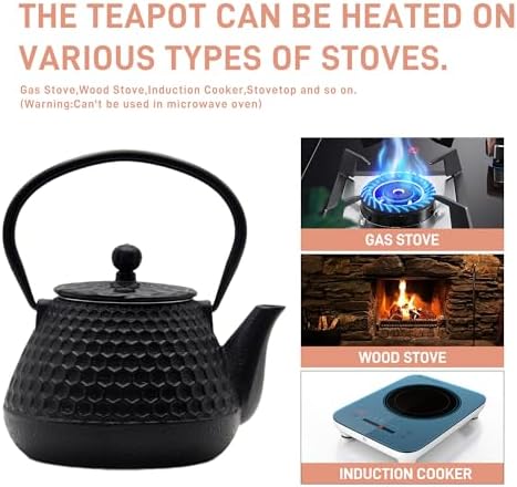20.3oz Small Cast Iron Teapot, SECHUDO Cast Iron Tea Kettle for Stovetop Safe Coated with Enameled Interior, Cast Iron Tea Pot with Stainless Steel Infuser for Loose Tea (Black Honeycomb Pattern) - Image 2