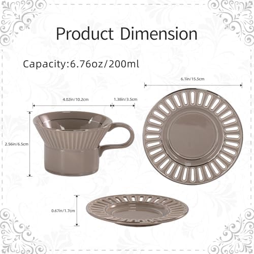 Tea Cups and Saucers Set of 2, 6.7oz Stackable Porcelain Coffee Cup, YFH6+7 - Image 2