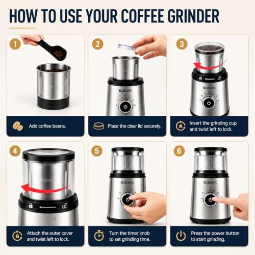 Electric Coffee Bean Grinder Spices Herbs, Timed Grind Control Rotary Knob - Image 7