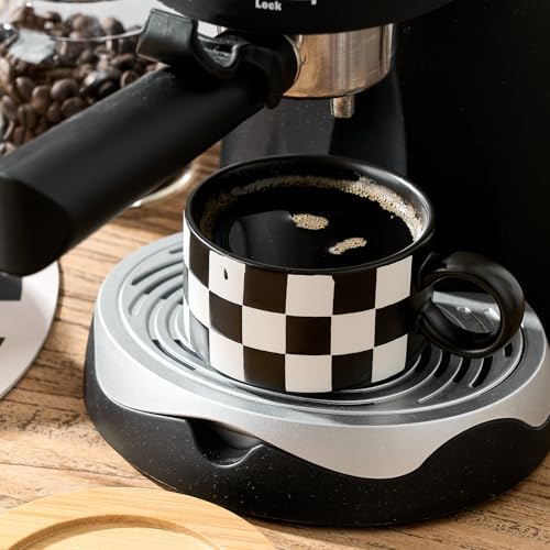 LUKA 6 Ounce Ceramic Stackable Black and White Checkered Espresso Cups with Saucers and Metal Stand Set of 4, Cappuccino Cups Set for Coffee Drinks, Latte, Cafe Mocha and Tea, Black Interior - Image 7