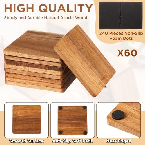 60 Pcs Unfinished Acacia Wood Coasters for Crafts, Square 4 Inch - Image 2