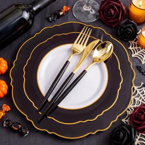 WDF 30Guest Black and Gold Plastic Plates - Gold Plastic Silverware With Black Handle Baroque Black and Gold Disposable Dinnerware for Wedding/Party/Birthday/Halloween - Image 2