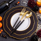 WDF 30Guest Black and Gold Plastic Plates - Gold Plastic Silverware With Black Handle Baroque Black and Gold Disposable Dinnerware for Wedding/Party/Birthday/Halloween - Image 2