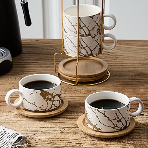 LUKA Porcelain Espresso Cup with Metal Stand, 6 Ounce Stackable Ceramic Demitasse Espresso Mugs Cappuccino Cups Set for Latte,Coffee,Cafe Mocha,Tea(Set of 4,White) - Image 6