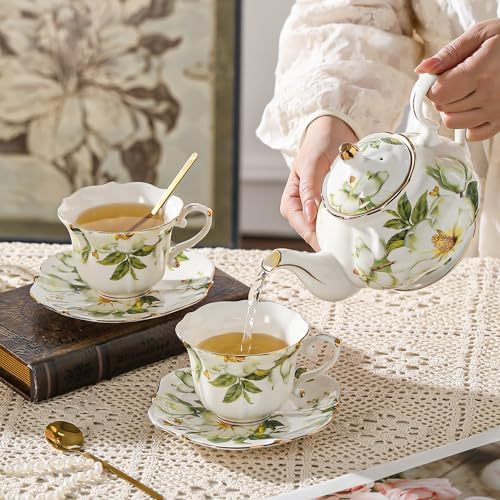 TATSUMI Country Roses Porcelain Tea Set, European Ceramic tea set for one or two,Vintage Style, For Women and Tea Parties (Green, 7 Pieces Set) - Image 6