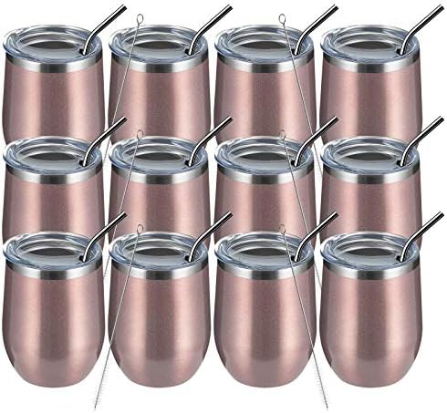 MEWAY 12oz/12 Pack Wine Tumbler Glasses with Lid -Double Wall Vacuum Stainless Steel Travel Tumbler Mug,Stemless Insulated Wine Cup for,Coffee,Cocktails,Gifts (Rose gold,Set of 12) by MEWAY