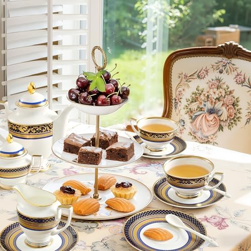 Luxury White & Gold Embossed Tea Cups and Saucers with Teapot, Sugar Bowl, & &Creamer, Vintage European Porcelain Coffee Set for Tea Party, Wedding, Gift (Gold&Navy Blue, 17pcs/set) by Unknown