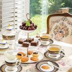 Luxury White & Gold Embossed Tea Cups and Saucers with Teapot, Sugar Bowl, & &Creamer, Vintage European Porcelain Coffee Set for Tea Party, Wedding, Gift (Gold&Navy Blue, 17pcs/set) by Unknown