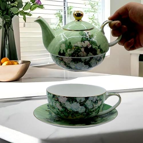Porcelain 13 OZ Tea for One Teapot and Cup Set Vintage Floral Ceramic Tea Set European Style Tea pot and Saucer Set (White Roses) - Image 4