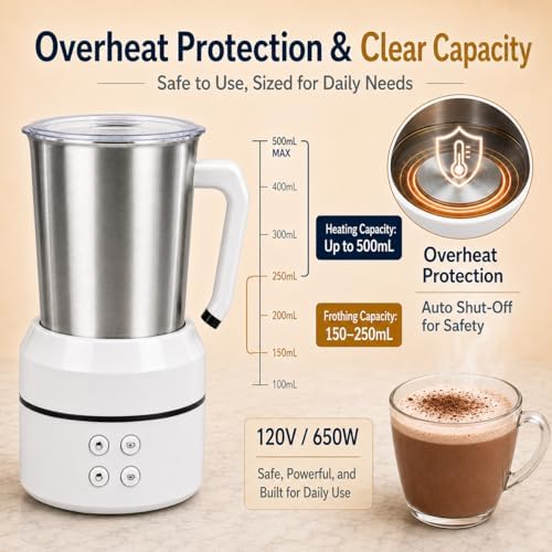 4-in-1 Electric Milk Frother, 8.5 oz Automatic Steamer, White - Image 6