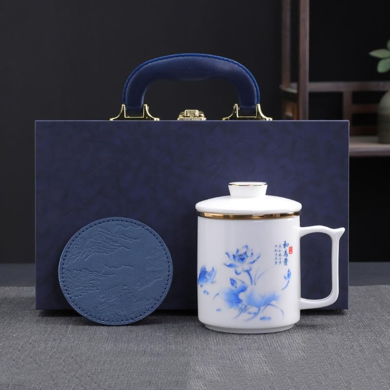Dehua Porcelain Tea Mug with Lid and Infuser, 380ml Office Cup, Chinese Landscape Pattern, Gold Accents, Leather Coaster, Gift Box Set (Harmony is Precious Style A) by Weixiyang