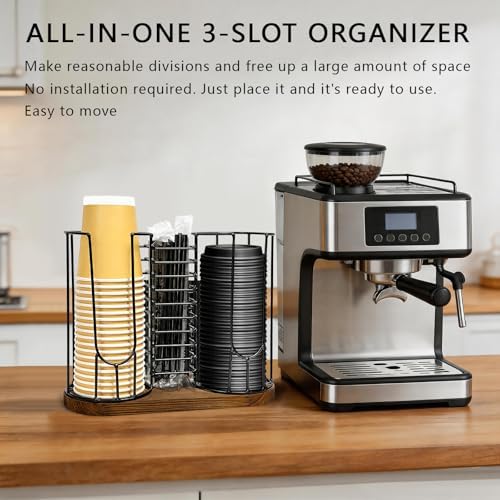 Coffee Cup Holder,18oz Cup and Lid Organizer, Cup Dispenser Rack with Wood Base, Suitable for Countertop Use, Kitchen, Coffee Bar，Storing Paper Cups, Straws, Lids, Tea Bags(3-Compartment) - Image 3