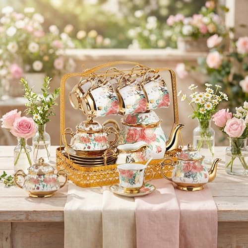 22 Pcs Vintage Porcelain Tea Sets for 6, White Rose Floral - Image 4