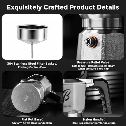 Bincoo Triple Valve Moka Pot 2 Cups - 316 Stainless Steel Stovetop Espresso Maker, Heavy Duty Italian Coffee Pot for Home Barista,Rich Crema - Image 6