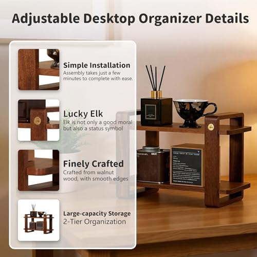 Coffee Station Organizer for Kitchen Walnut Wooden Countertop Mug Holder 2 Tier Wooden Cup Organizer Stand Shelf - Image 3