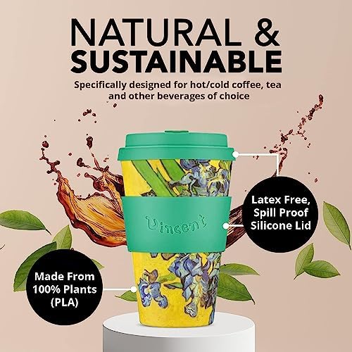 Ecoffee Cup 14oz (400ml) Van Gogh Reusable Coffee Cup – PLA Plant-Based Travel Mug with Silicone Lid, Melamine Free & Dishwasher Safe – Irises - Image 5