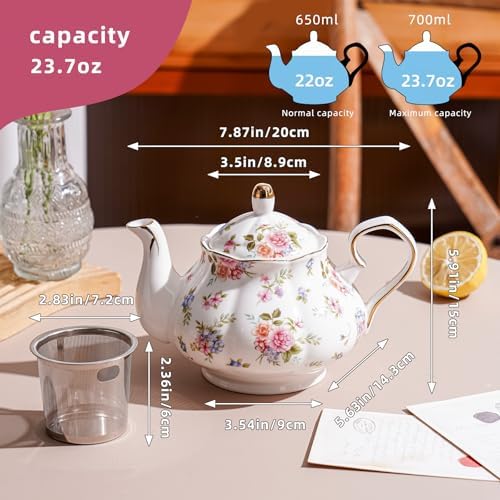 Small Ceramic Floral Teapot，22oz Tea Pot with Infuser for Blooming and Loose Tea, Coffee，milk (Little flowers, With tea strainer) - Image 2