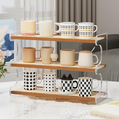 3-Tier Mug Holder Countertop,Wooden Rattan-Look Coffee Station Shelf, Cup Holder Mug Display Rack for Home Kitchen,Brown,19.29" - Image 2