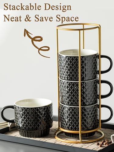 Gomakren Coffee Mugs Set of 4, 13oz Stackable Coffee Cups with Stand, Black - Image 3