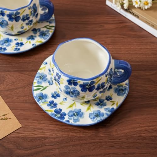 Ceramic Cup with Saucer，floral tea cup for Coffee,Cappuccino and Tea (2, Blue) - Image 4