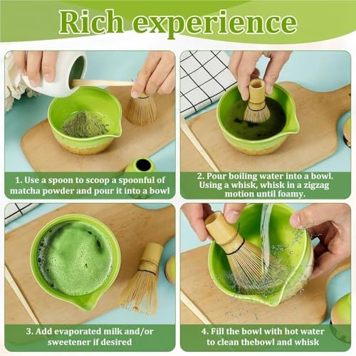 Ceramic matcha agitator, Matcha Whisk and Bowl Tea Set 4 Pcs Elegant Making Kit Includes with Mouth Holder Green - Image 5