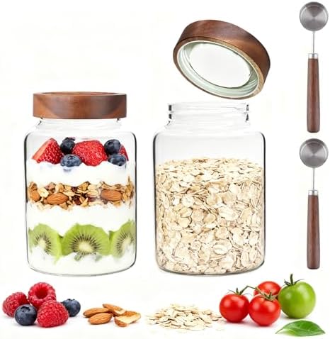 60 oz Glass Coffee Jars with Wooden Airtight Lid Spoon Clear Herb Ground Canister Round Food Storage Container for Sugar Pantry Flours Tea Coffee Bean Spice Cookies (1800ml/60oz-2PACK（with spoon)) - Image 6