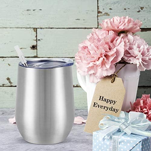 8 Pack 12Oz Stainless Steel Wine Tumblers, Insulated Wine Tumbler, Double Wall Insulated Wine Glass, Stainless Steel Stemless Wine Cups with Lids for Coffee, Wine, Cocktails, Champaign, Silver - Image 2