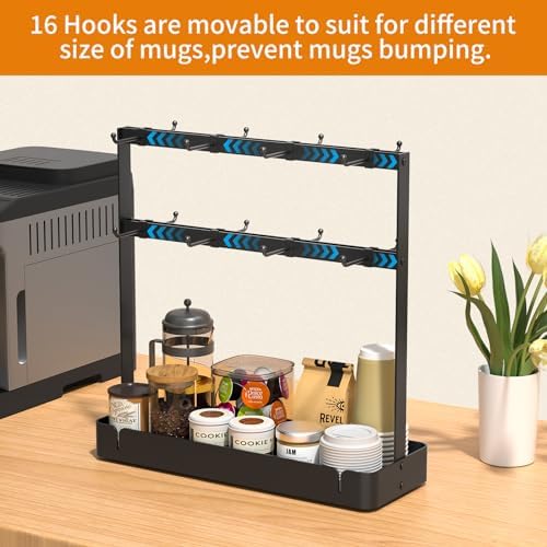RCHYFEED 2 Tier Coffee Cup Holder with 16 Movable Hooks & Storage Basket - Image 4