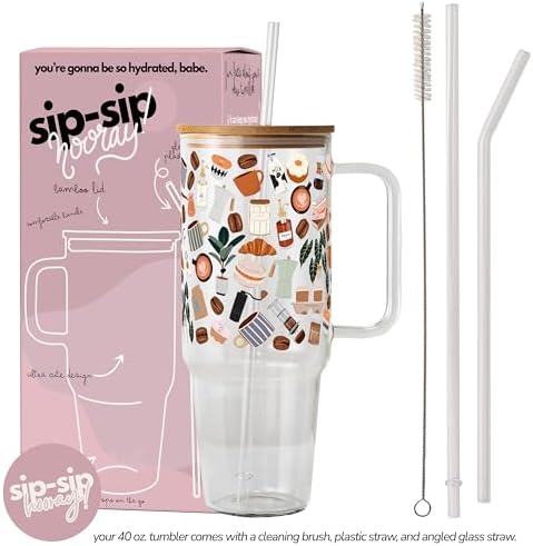 Sip-Sip Hooray! Cafe Cutie Coffee Doodle 40oz Glass Tumbler with Lid - Image 2
