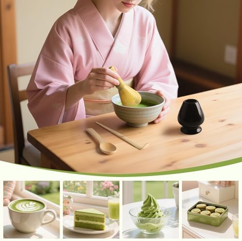 4 Piece Matcha Japanese Ceremony Set, Resin Matcha Whisk, Bamboo Spoon, Bamboo Scoop, Whisk Stand, Perfect Set for Preparing, Yellow-Black - Image 4