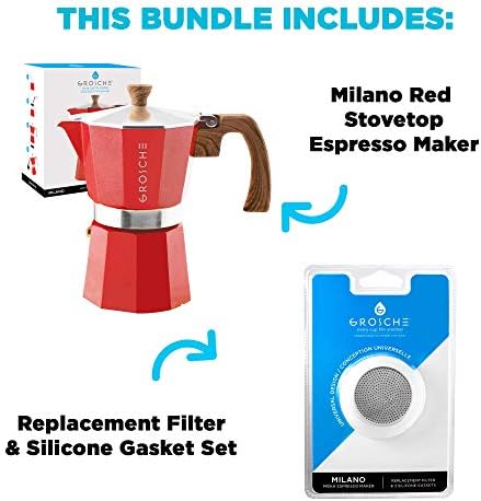 GROSCHE Milano Stovetop Espresso Maker Moka pot 9 espresso Cup - 15.2 oz, Red and 3 Replacement Seals Gaskets Bundle Stove top coffee maker Moka Italian espresso coffee maker and replacement gaskets - Image 2